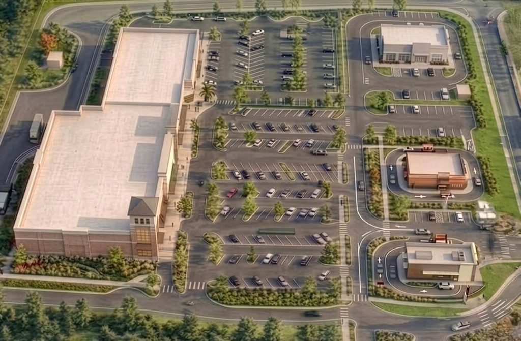 Aerial rendering of Lake Anna Crossroads with the grocery anchor and drive-thru outparcels