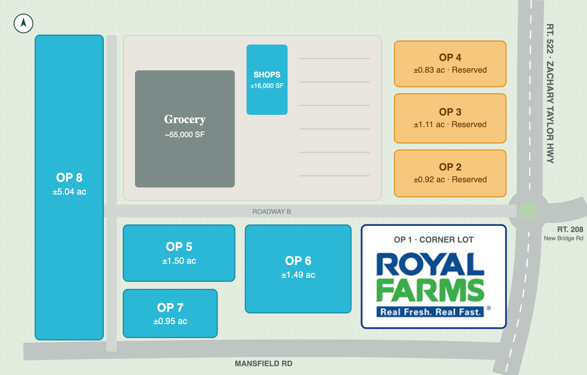 Phase 1 site plan showing the grocery anchor, shop space and outparcels 1 through 8